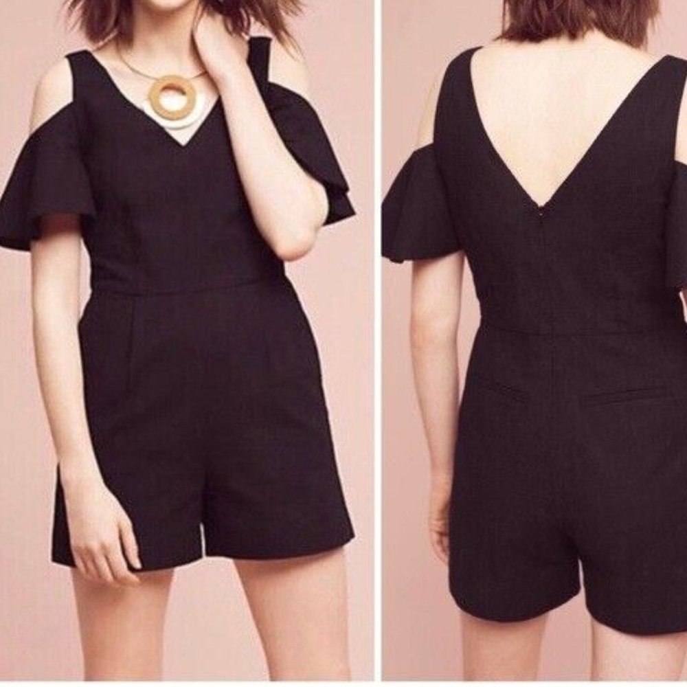 Anthropologie Elevenses Black Cut Out Cold Shoulder Jumpsuit Romper Womens 2